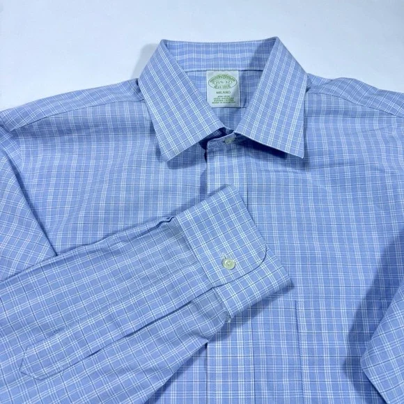 Brooks Brothers Dress Shirt Mens 15.5/32 Blue-White Check Milano No Iron Stretch - Picture 1 of 9